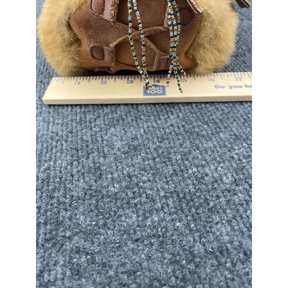 Vintage Tan Suede Faux Fur Barrel Bag Pom Pom Beaded Fringe Horn Toggle Boho